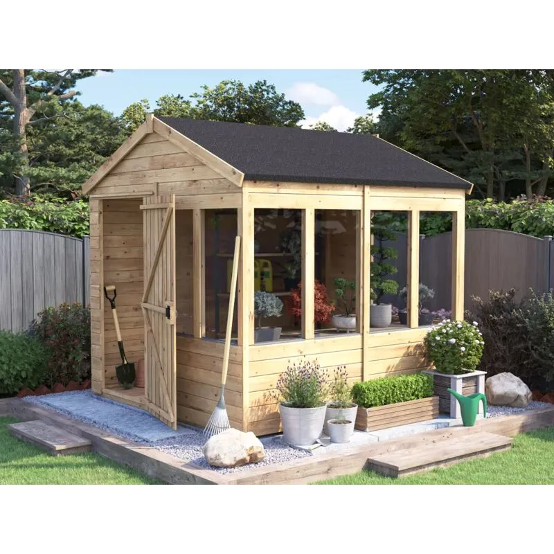Dunster House Wooden Potting Shed Apex Roof W8' x D8' (W2.4m x D2.4m) Overlord Modular in Brown Brown