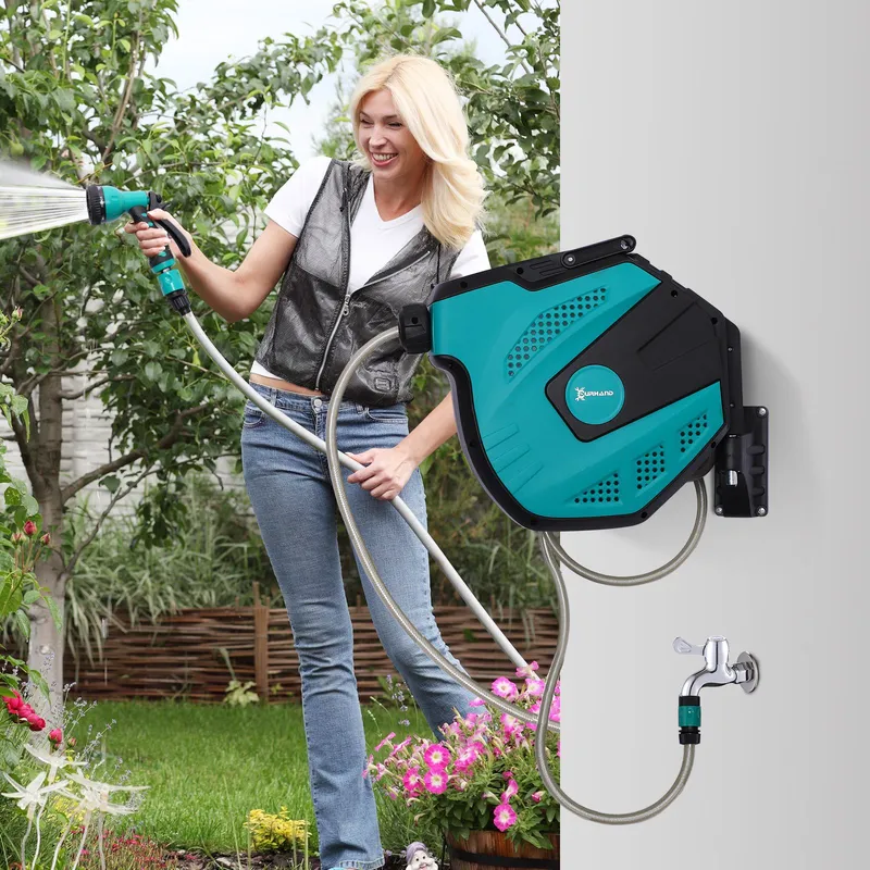 Durhand - 15M Water Hose Reel Compact Garden Car Auto Retract Spray Nozzle