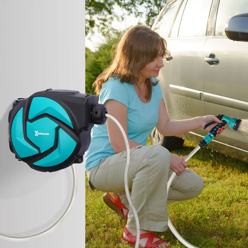 Durhand 10M Water Hose Reel Compact Garden Patio Car Locking Auto Retract Spray