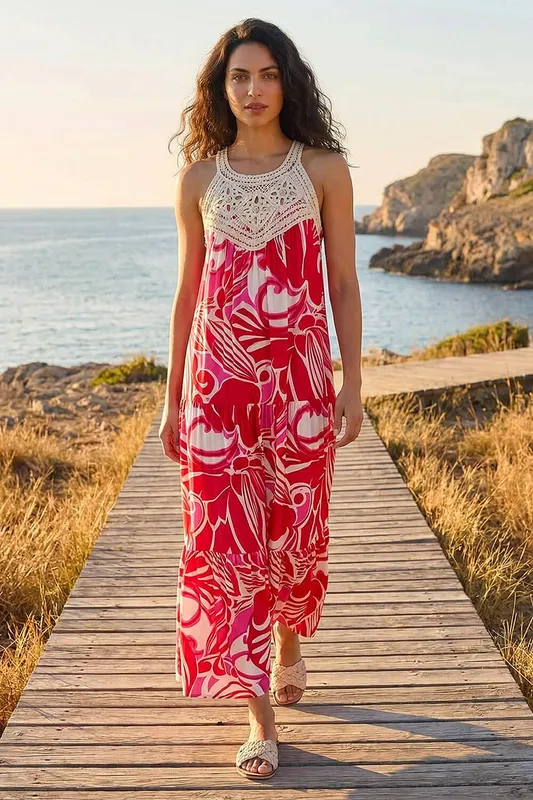 Dusk Women's Abstract Crochet Maxi Dress in Red - Red