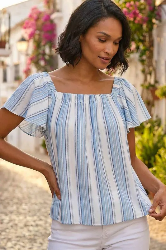 Dusk Women's Stripe Ruffle Top in Blue Size: 10 - Blue