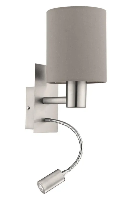 Eglo Pasteri Satin Nickel Metal & Fabric Wall Light With Integrated LED Adjustable Reading Light in Taupe - Taupe