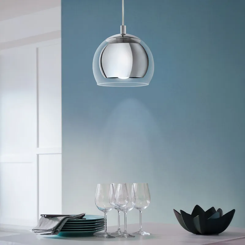 Eglo Rocamar Chrome Glass & Metal 1 Light Ceiling Pendant in Metallic Silver Metallic Silver
