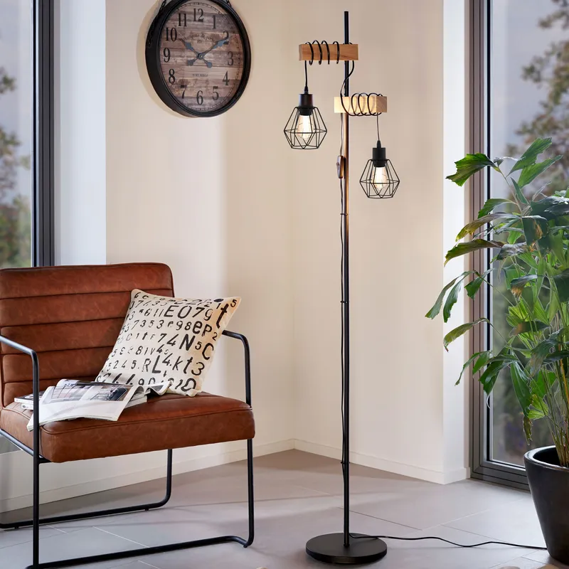 Eglo Unisex Townshend 5 Black/Natural Metal & Wood 2-Light Floor Lamp industrial Style (D) 25cm in Black Black One Size female