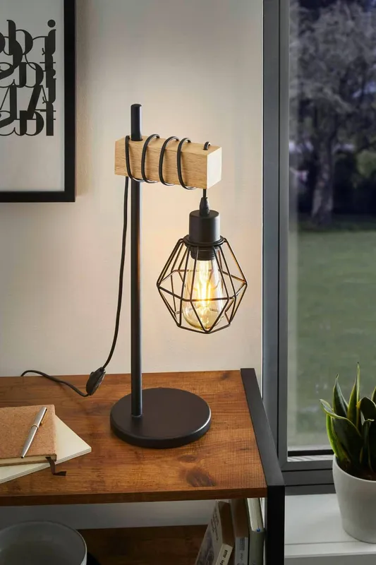 Eglo Unisex Townshend 5 Black Metal & Natural Wood Table Lamp industrial Style (D) 15.5cm Black One Size female