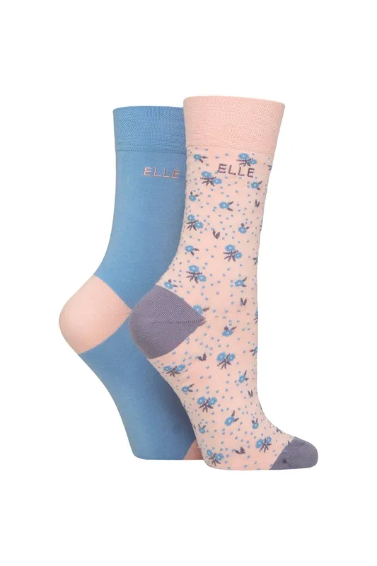 Elle Women's 2 Pair Bamboo Patterned & Plain Socks in Light Pink Size: 4-8 - Light Pink