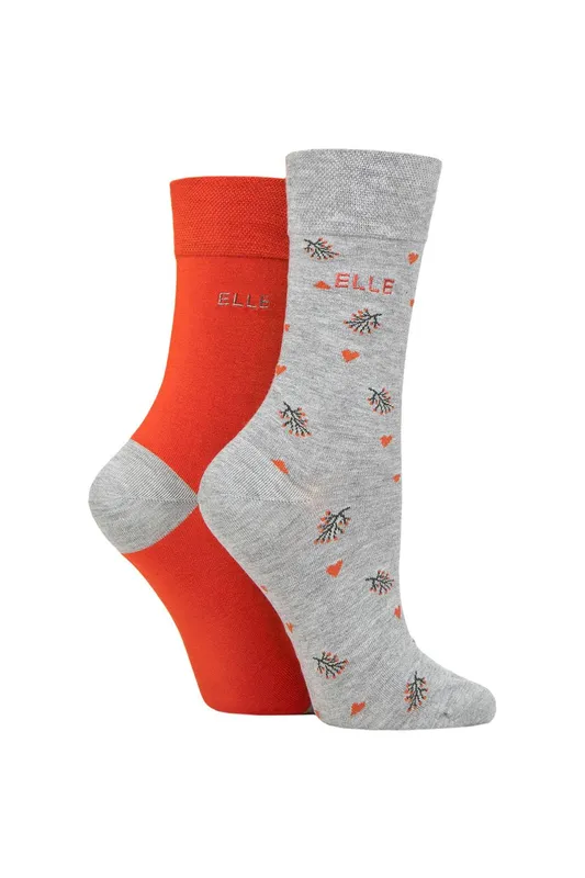 Elle Women's 2 Pair Bamboo Patterned & Plain Socks in Orange Size: 4-8 - Orange