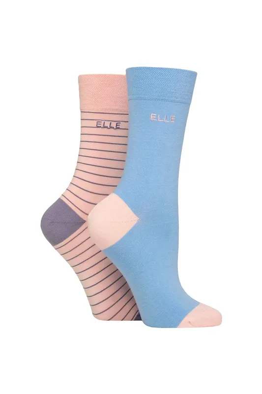 Elle Women's 2 Pair Bamboo Striped & Plain Socks in Pale Pink Size: 4-8 Pale Pink 4-8