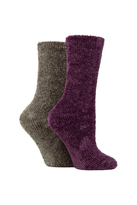 Elle Women's 2 Pair Chenille Leisure Socks in Purple Size: 4-8 - Purple