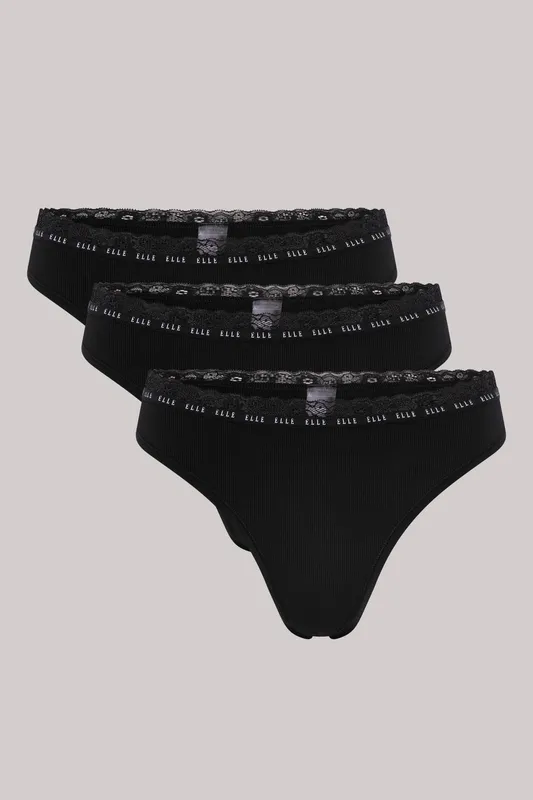 Elle Women's 3 Pack Synthetic Rib Thong in Black Size: Small - Black