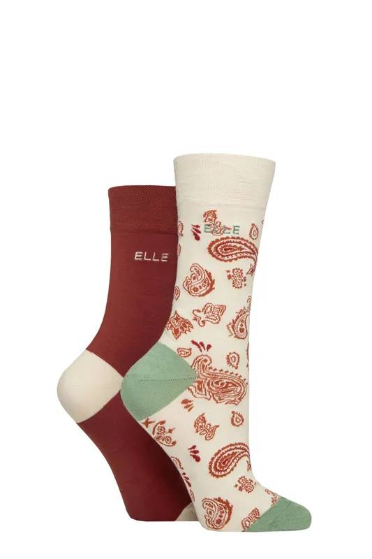 Women's 2 Pair Elle Bamboo Patterned and Plain Socks Wild Poppy 4-8 - Assorted - Size: Small