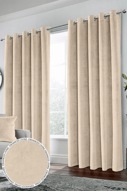 Terrys Enhanced Living Hampton Velvet Ready Made Eyelet Blackout Curtains Cream