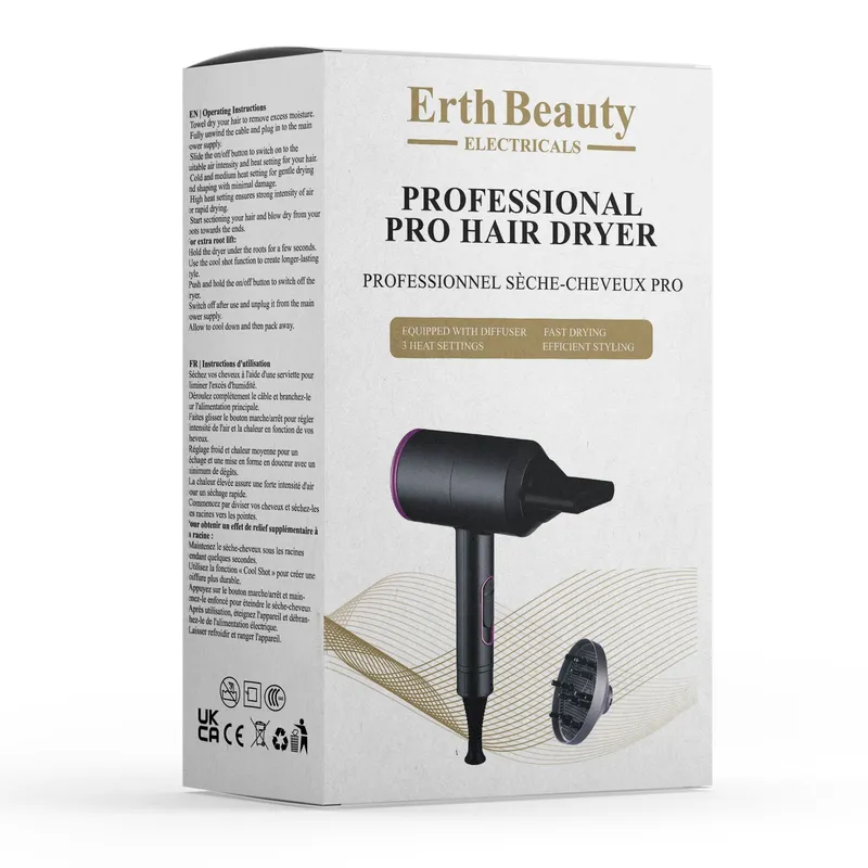 Erth Skin London Professional Pro Hair Dryer Uk/ EU Plug in Natural Natural