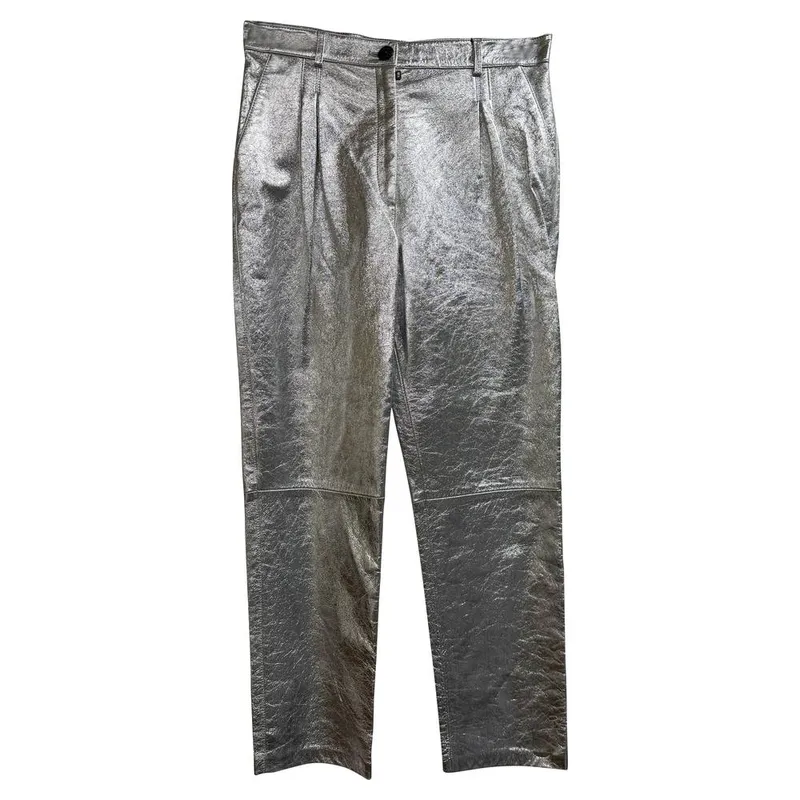 Etro Women's Preloved Metallic Trousers in Silver Viscose in Metallic Silver Size: 4 - Metallic Silver