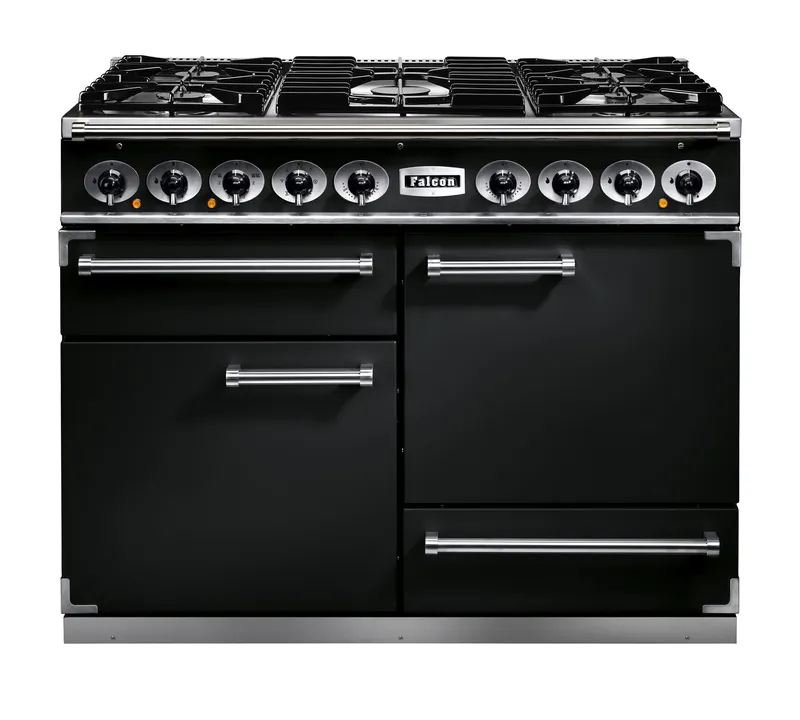 Falcon Deluxe 1092 F1092DXDFBL/CM 110cm Wide Black Dual Fuel Freestanding Range Cooker - Chrome Trim