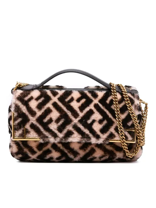 Fendi Women's Preloved Zucca Shearling Double F Baguette Satchel in Brown - Brown