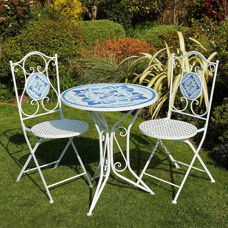 Fenton Mosaic Blue & White Bistro Table & Folding Chair Set