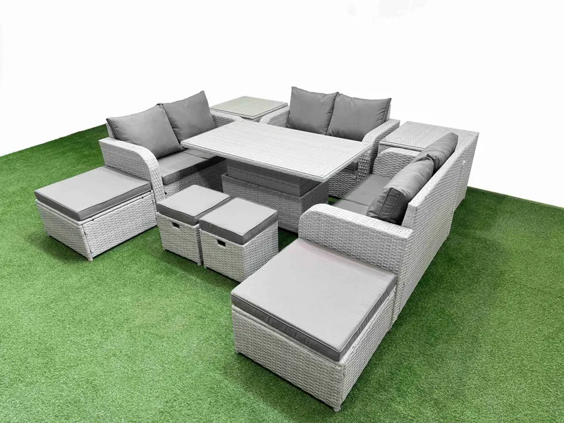 Fimous 10 PCs Rising Dining Table Set Inclining Love Sofa Seat Big Footstool in Light Grey Light Grey