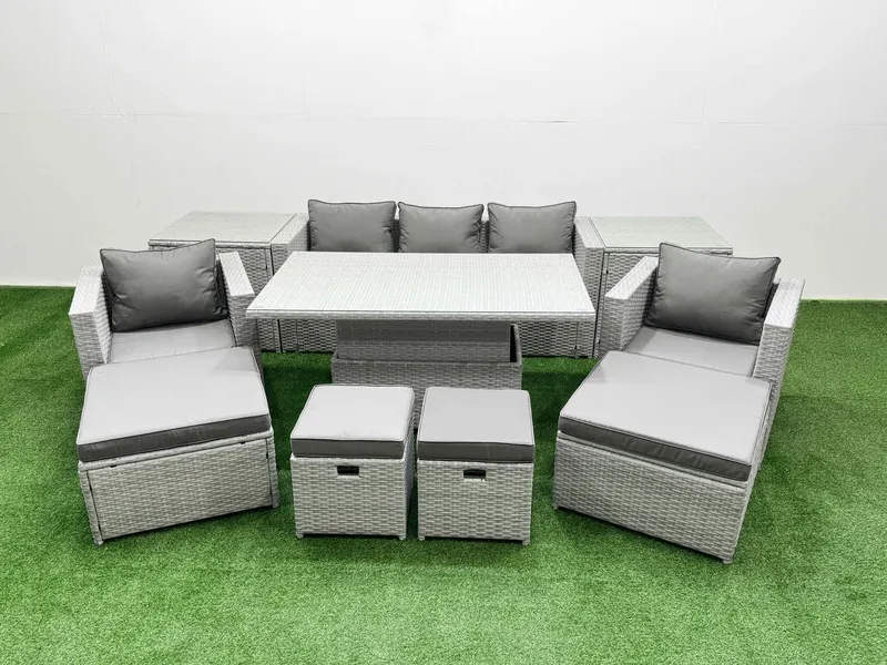 Fimous 10 PCs Rising Dining Table Set Rattan Furniture Set with 3 Seater Sofa in Light Grey Light Grey