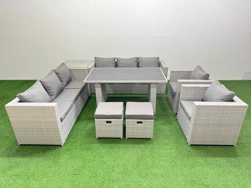 Fimous 10 Seater Outdoor Dining Table 3 Seater Sofa Set with Side Table in Light Grey Light Grey
