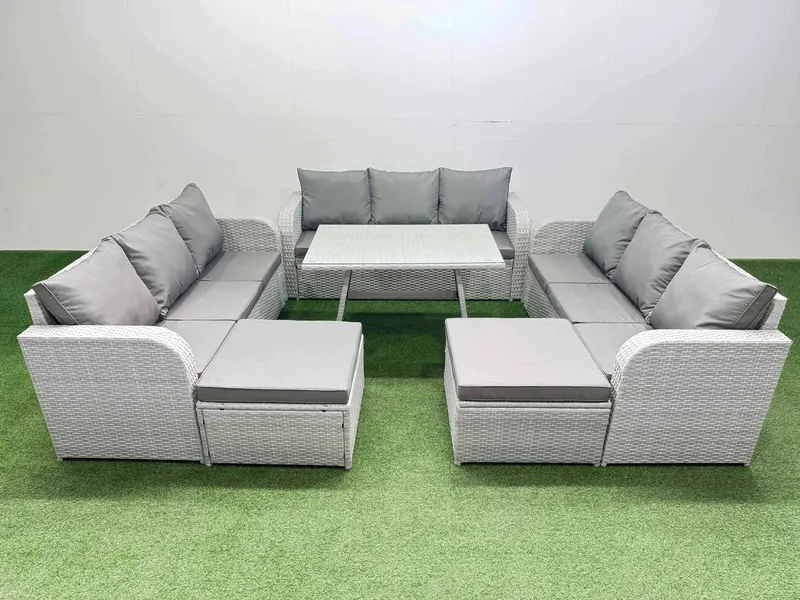 Fimous 11 Seat Outdoor PE Rattan Garden Furniture with 2 Big Stool Light Grey Light Grey