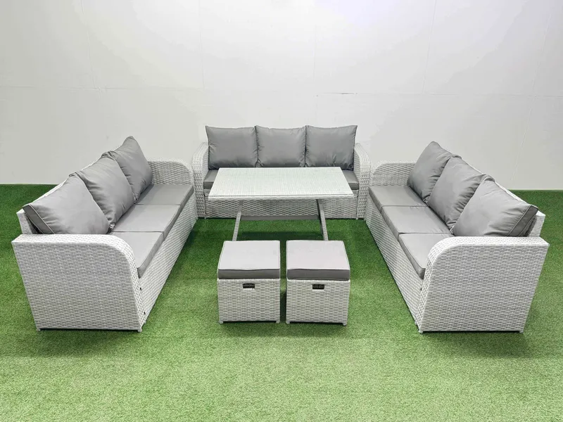 Fimous 11 Seat PE Rattan Garden Furniture with 2 Small Stools Light Grey Light Grey