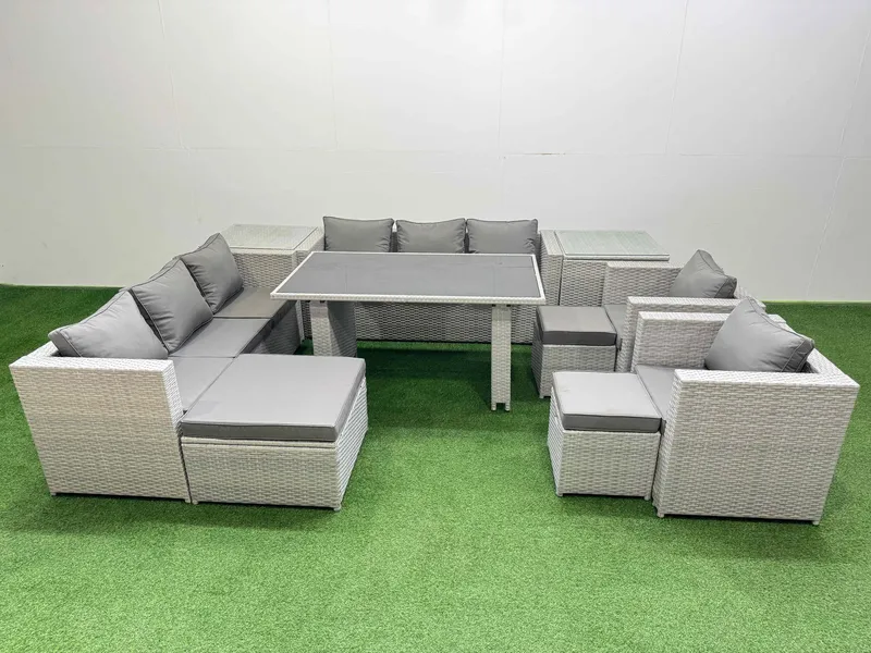Fimous 11 Seater Outdoor Dining Table 3 Seater Sofa Set with 2 Side Table in Light Grey Light Grey