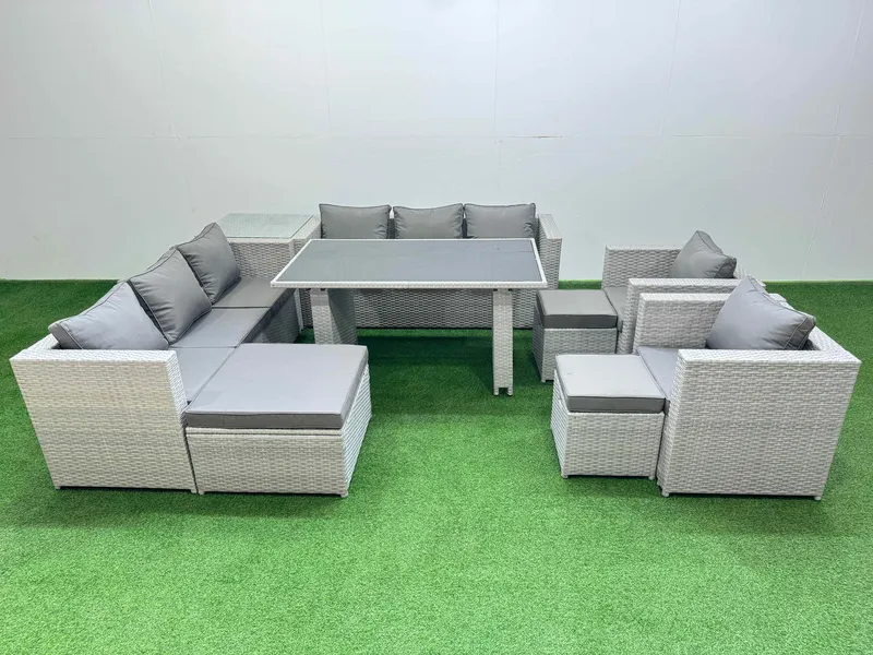 Fimous 11 Seater Outdoor Dining Table 3 Seater Sofa Set with Side Table in Light Grey Light Grey