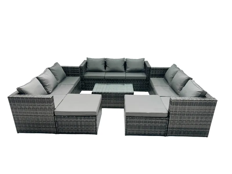 Fimous 11-seater Patio Coffee Table Sofa Set with 2 Big Stools in Dark Grey Dark Grey