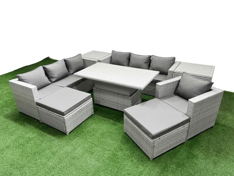 Fimous 7 PCs Rising Dining Table Set Rattan Furniture Set with 3 Seater Sofa in Light Grey Light Grey
