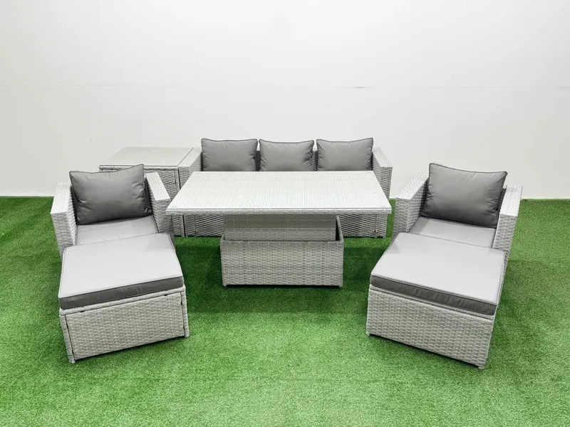Fimous 7 PCs Rising Dining Table Set Rattan Furniture Set with Side Table in Light Grey Light Grey
