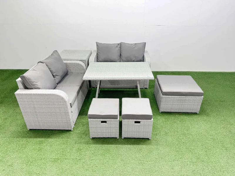Fimous 7 Seater Outdoor Love Sofa Set Rattan Garden Furniture Set in Light Grey Light Grey
