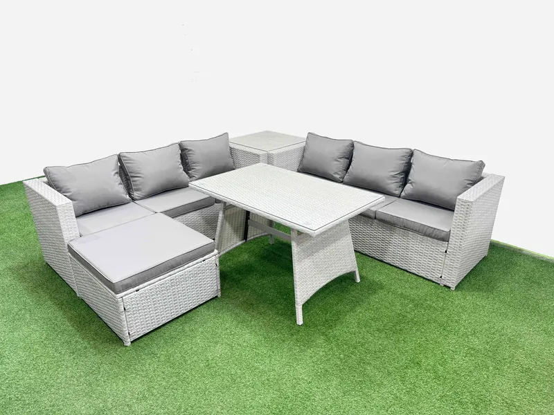 Fimous 7-seater Patio Rectangular Table 3 Seater Sofa Set with Side Table in Light Grey Light Grey
