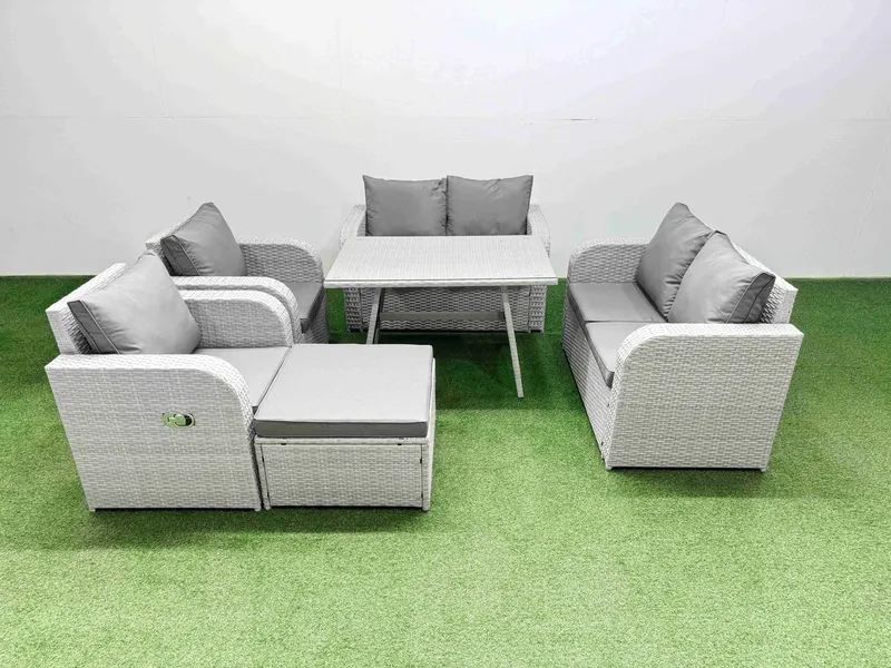 Fimous 7 Seater Rattan Garden Furniture Set Outdoor Love Sofa Set in Light Grey Light Grey