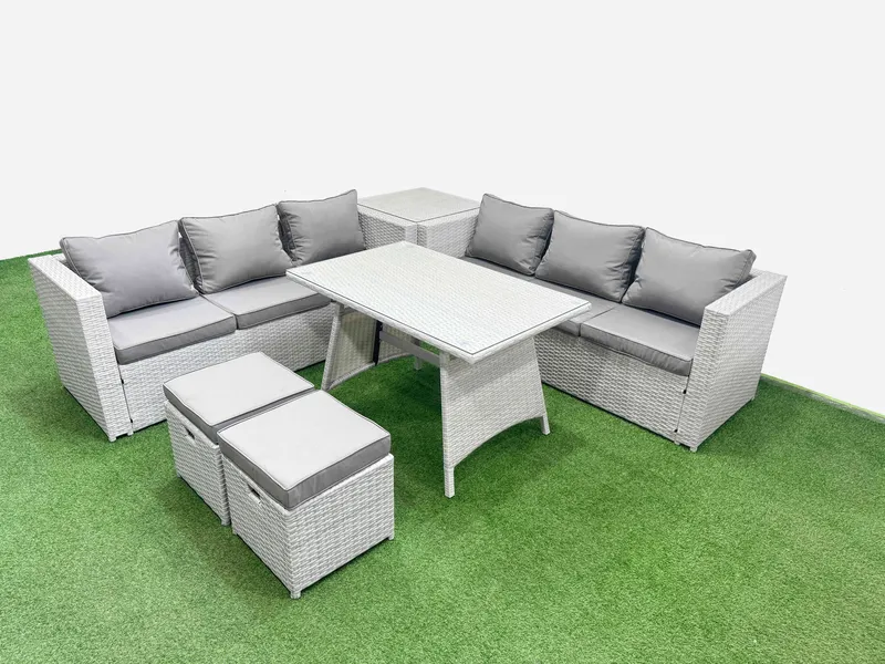 Fimous 8-seater Patio Rectangular Table 3 Seater Sofa Set with Side Table in Light Grey Light Grey