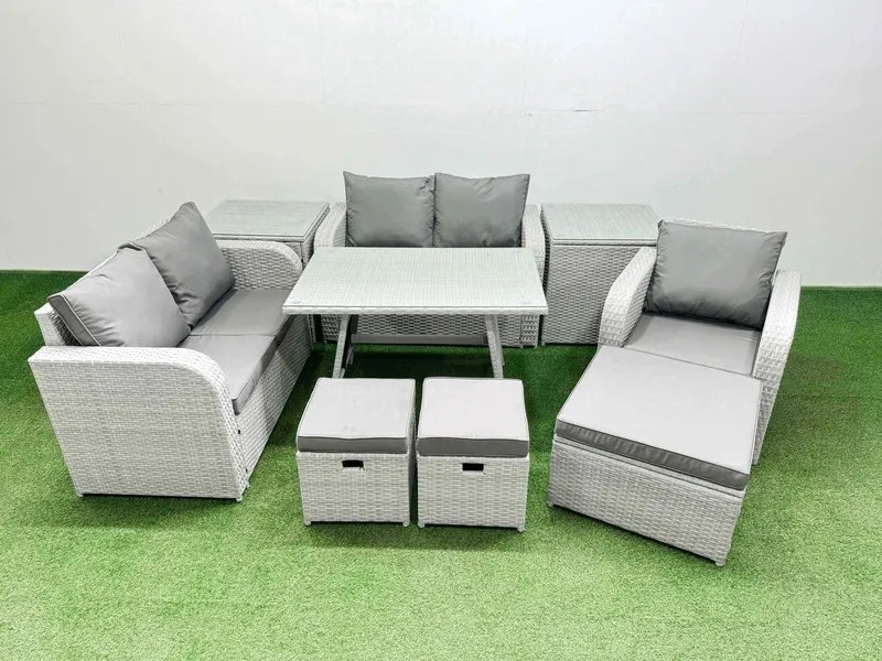 Fimous 8 Seater Rattan Garden Furniture Sets Love Sofa Reclining Chair Set in Light Grey Light Grey