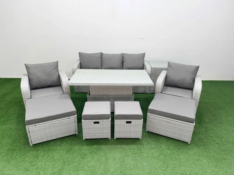 Fimous 9 PCs High Back Reclining Chair Sofa Dining Set Rising Table Stools in Light Grey Light Grey