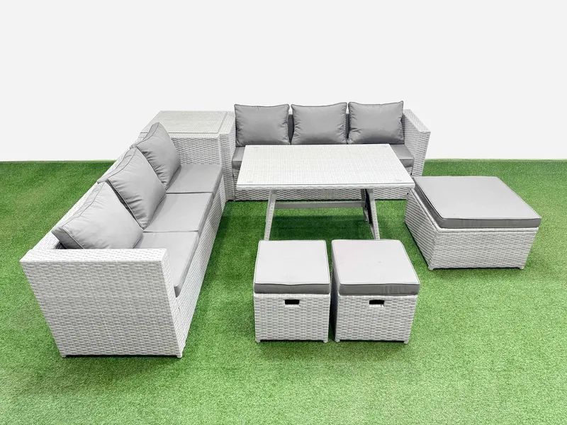 Fimous 9-seater Patio Rectangular Table 3 Seater Sofa Set with Side Table in Light Grey Light Grey