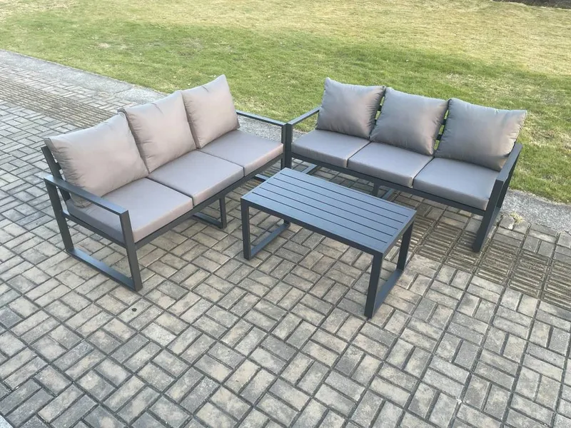 Fimous Aluminium 3 Pieces Outdoor Garden Furniture Lounge Sofa Set with Oblong Coffee Table Dark Grey Dark Grey