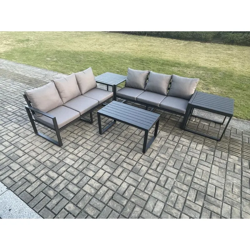 Fimous Aluminium 5 Pieces Outdoor Garden Furniture Lounge Sofa Set with Oblong Coffee Table 2 Side Tables Dark Grey
