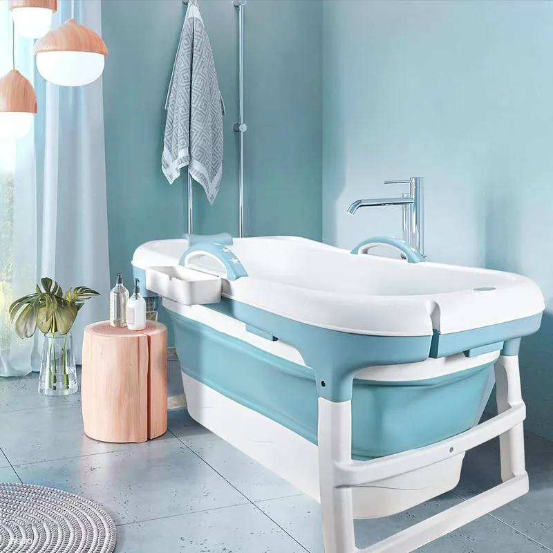 Fimous Foldable Bathtub Body Spa Freestanding Soaking Tub Non-Slip Bathing Shower for Bathroom Blue Blue