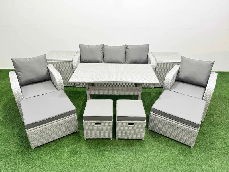 Fimous PE Rattan Lounge Sofa Set 9 Seater Outdoor Garden Furniture Set in Light Grey Light Grey