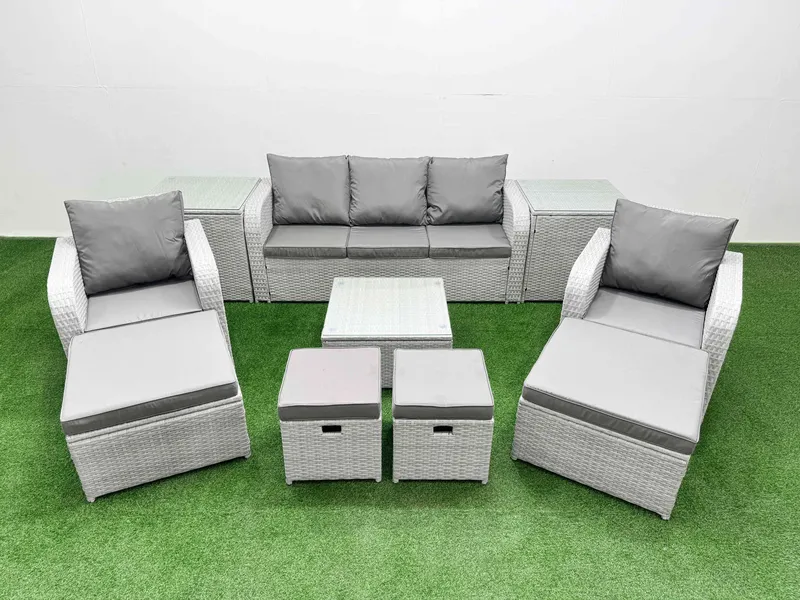 Fimous PE Rattan Lounge Sofa Set with Coffee Table 3 Seater Sofa in Light Grey Light Grey