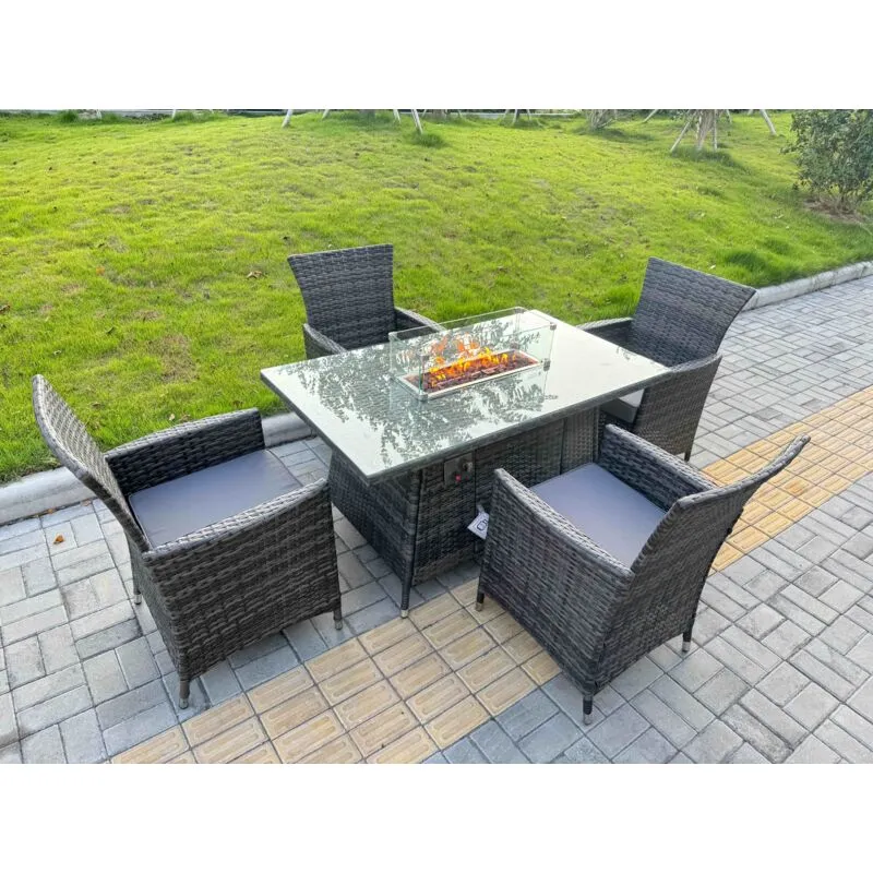 Fimous Rattan Garden Furniture Dining Set 4-seater Patio Rectangular Gas Firepit Table Chairs Outdoor Dark Grey Mixed