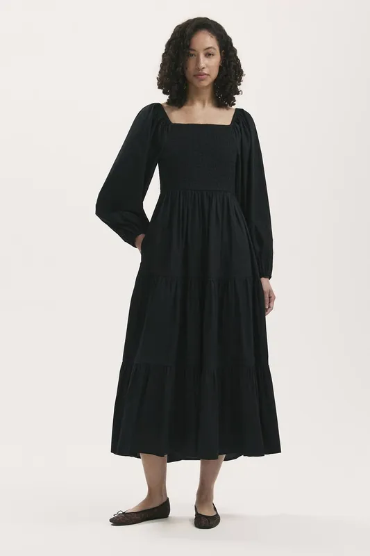 Finery London Women's Lauretta Cotton Midi Tiered Dress in Black Size: 16 - Black
