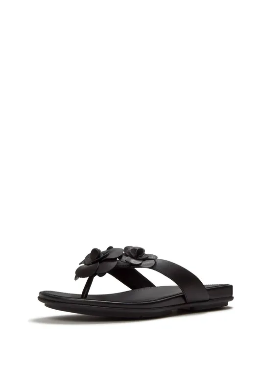 Women's Fitflop Gracie Flower Leather Women's Black Flip Flops - Size: 4