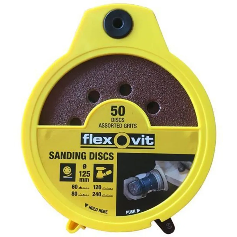 Flexovit 78072747046 Hook Loop Sanding Disc 125mm Assorted Dispenser 50 FLV747046