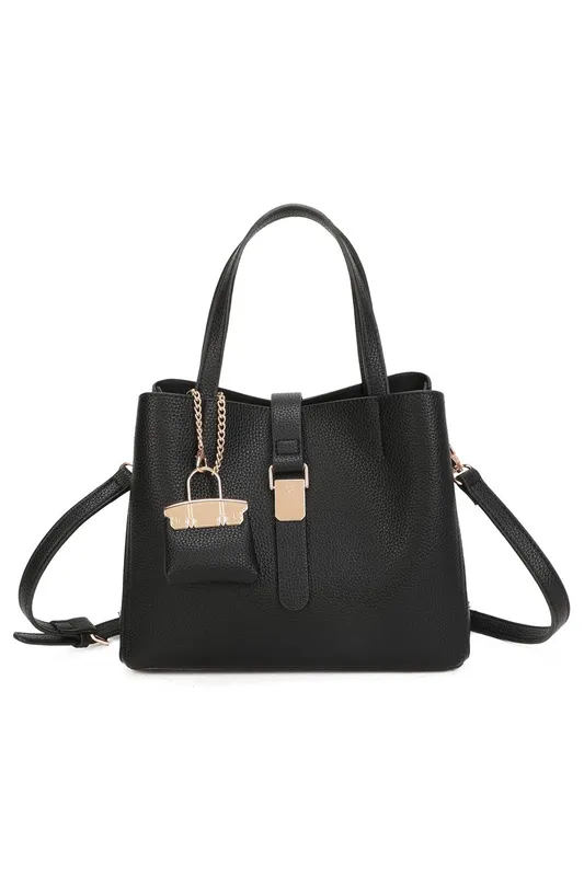 Fontanella Fashion Women's Ellory Triple Compartments Top Handle Tote Bag With Mini Bag Charm in Black Black