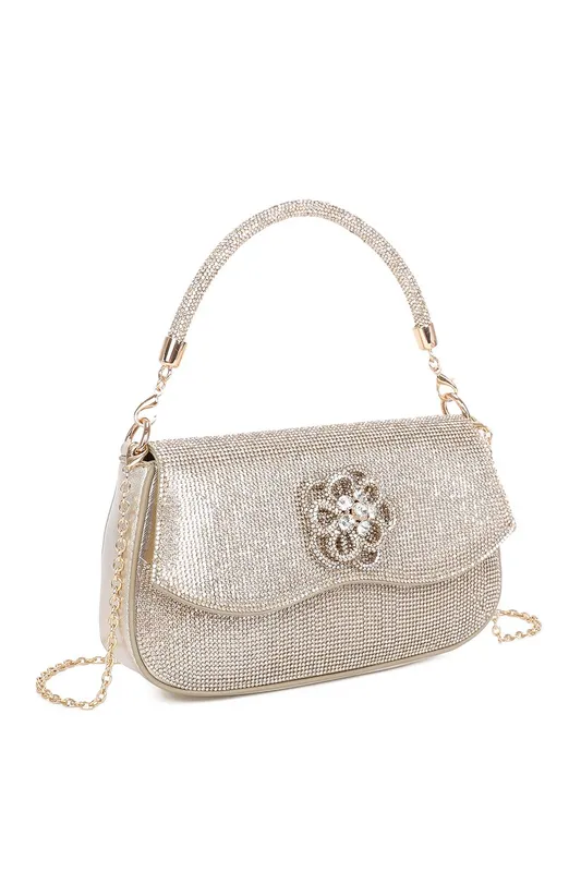 Fontanella Fashion Women's Geraldine Flower Emblem Crossbody Top-Handle Evening Bag in Gold - Gold - Size: One Size