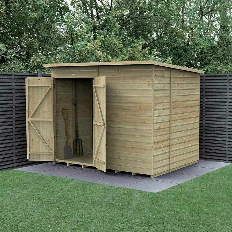 Forest Garden 8' x 6' Forest Beckwood 25yr Guarantee Shiplap Pressure Treated Windowless Double Door Pent Wooden Shed (2.52m x 2.05m)